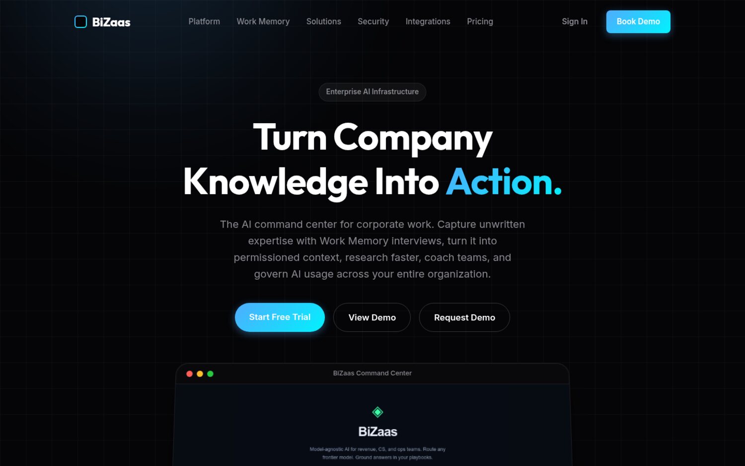 BiZaas enterprise AI command center landing page: Turn Company Knowledge Into Action